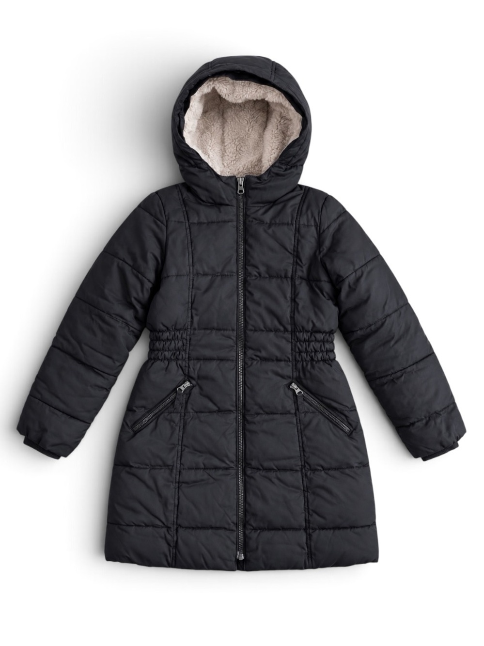 Lands’ End Primaloft Faux Fur Lined Hooded Jacket Black Winter Coat Girls Small